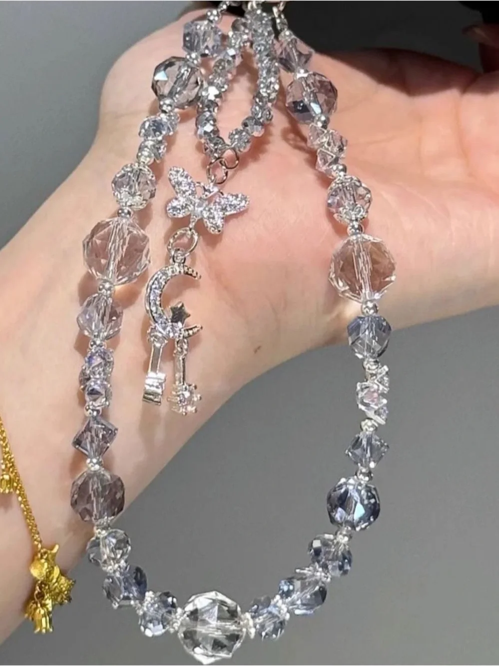 Crystal Moon Star Phone Charm Strap | Pale Blue | Silver | Celestial | Coquette